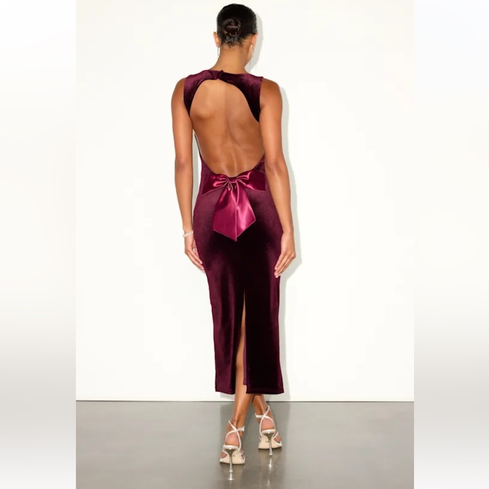 Lulus Florentina burgundy velvet backless bow midi dress women size L new - Picture 1 of 14